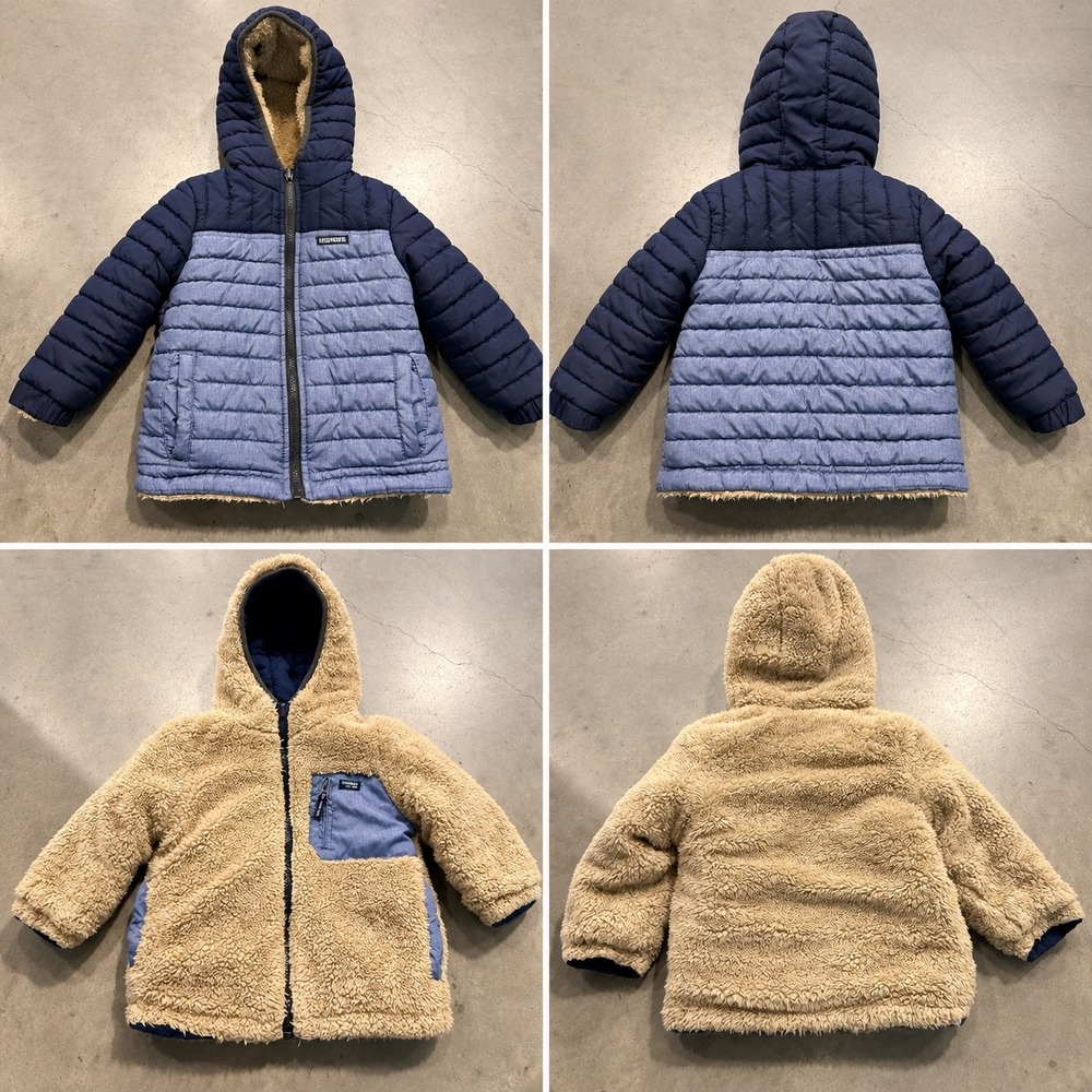 OshKosh B'gosh Reversible Puffer Jacket Boys 4 Blue Tan Excellent Faux Fur Hood